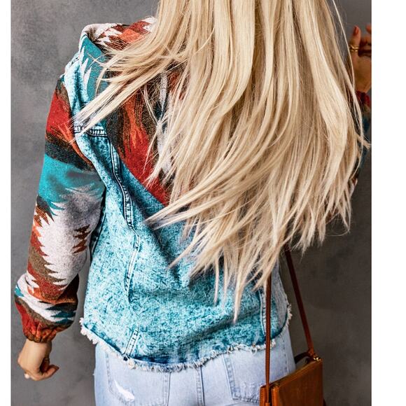 Beautiful Multicolor Aztec Print Frayed Hem Denim Jacket - Picture 2 of 8
